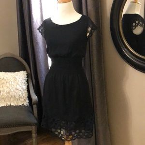 Navy/black bar III chiffon smocked waist dress.